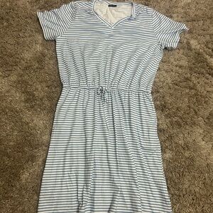 Huskary XL Women’s Striped V-Neck Drawstring Waist T-Shirt Dress - Light Blue &